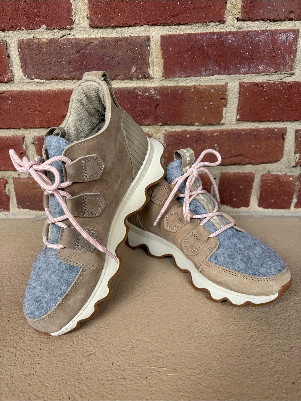 Sorel Taupe Suede & Gray Wool Sneakers with Pink Laces